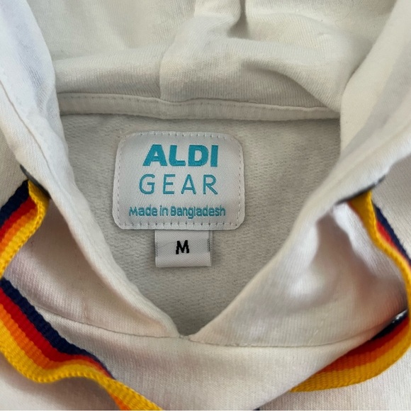 Aldi Gear Retro Hoodie Rainbow Trim Medium Pullover Sweatshirt White Logo Comfy - Picture 6 of 9